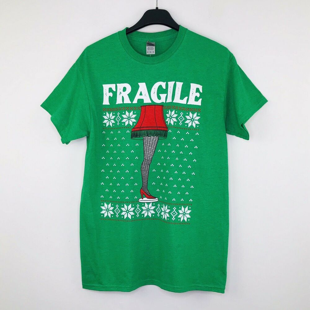 Christmas Story Men's Medium T Shirt Fragile Leg Lamp Green Gildan NWT